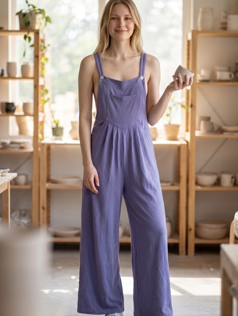 NWT HALARA Lavender Wide-Leg Jumpsuit Adj. Button Straps Comfort Stretch Sz M